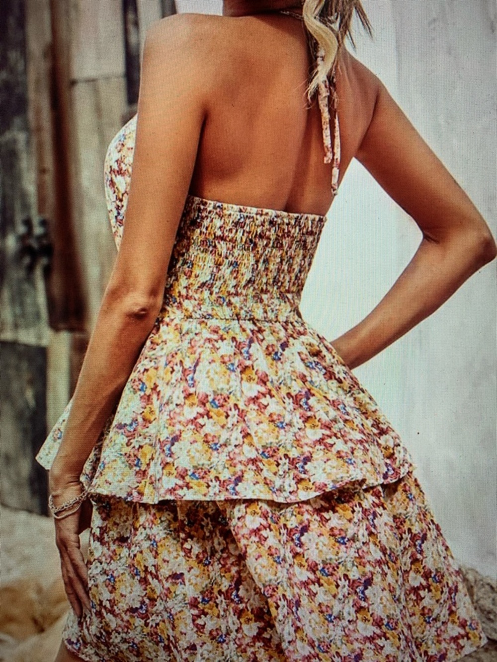 Floral Halter Tiered Mini Dress in Yellow - Picture 2 of 3